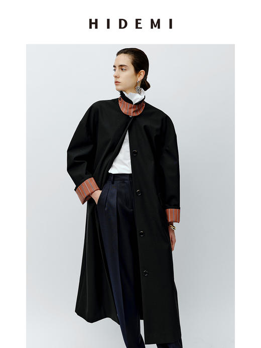 HIDEMI 廓形条纹翻边复古长款精纺羊毛风衣 商品图10