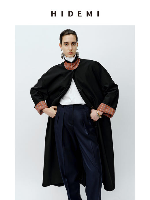 HIDEMI 廓形条纹翻边复古长款精纺羊毛风衣 商品图7