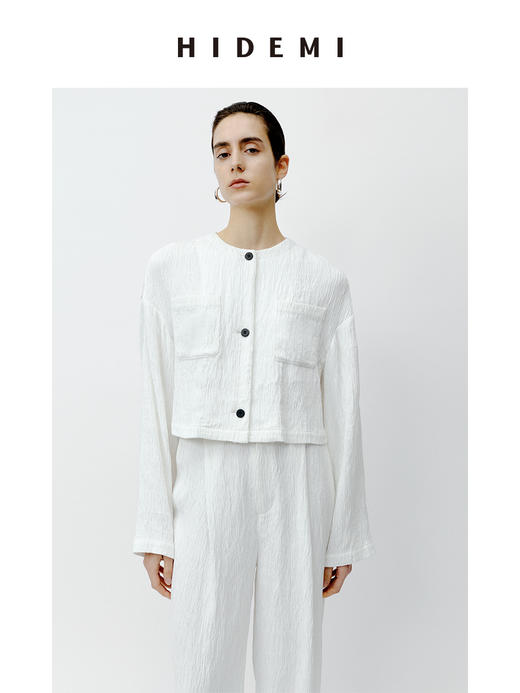 HIDEMI 极简褶皱垂顺感纽扣口袋外套/长裤套装  黑色/白色 商品图7
