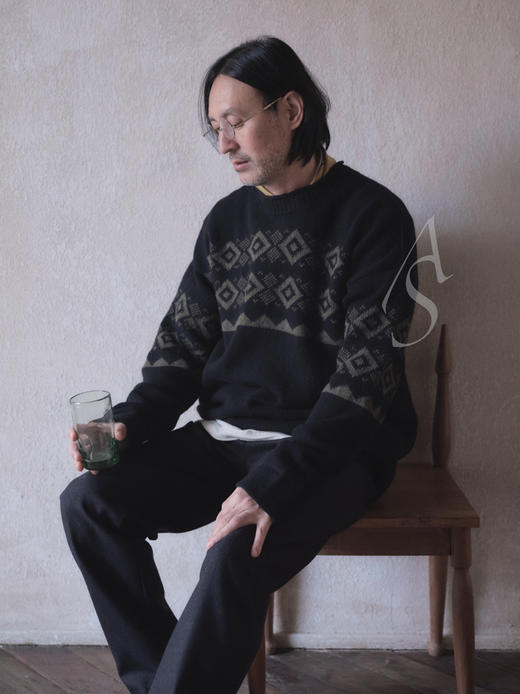 MargaretHowell  男士橄榄绿/黑色费尔岛纹羊羔毛毛衣 商品图9