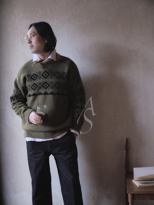 MargaretHowell  男士橄榄绿/黑色费尔岛纹羊羔毛毛衣 商品图1