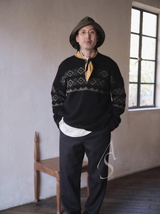 MargaretHowell  男士橄榄绿/黑色费尔岛纹羊羔毛毛衣 商品图11