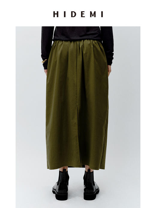 HIDEMI 抽绳系带休闲款水洗棉半身裙 黑色/军绿色 商品图5