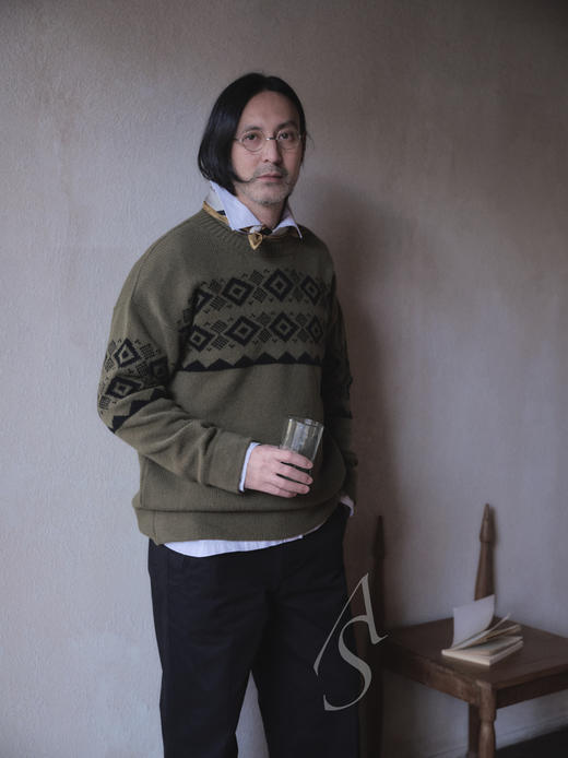 MargaretHowell  男士橄榄绿/黑色费尔岛纹羊羔毛毛衣 商品图4