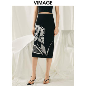 VIMAGE纬漫纪春季新款高腰复古印花半身裙 V1901507