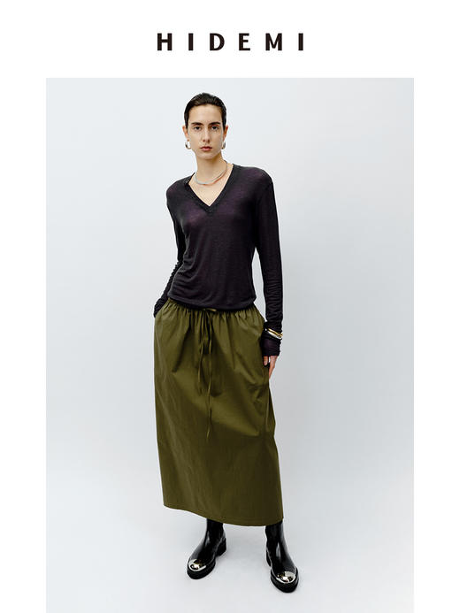 HIDEMI 抽绳系带休闲款水洗棉半身裙 黑色/军绿色 商品图3