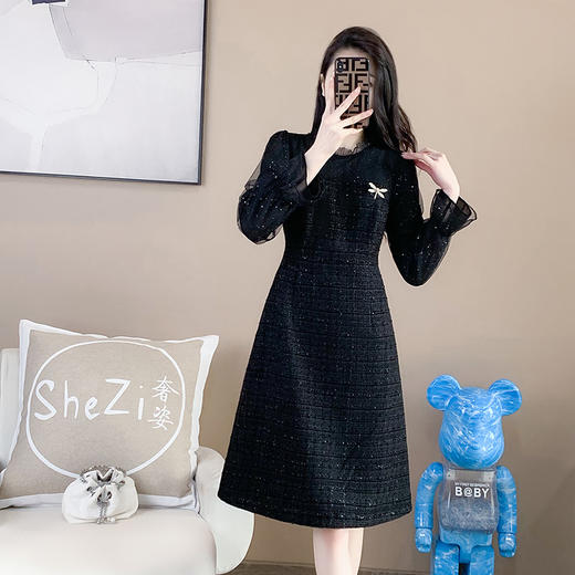 奢姿2024年秋装新款大码女装网纱拼接赫本风连衣裙胖妹妹时尚裙子9931866697 商品图0