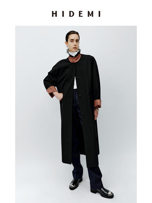 HIDEMI 廓形条纹翻边复古长款精纺羊毛风衣 商品图5