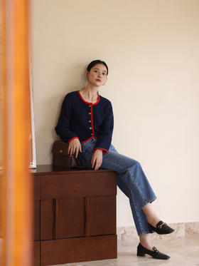 【世界音乐】HeyDress法式复古针织开衫女秋季圆领撞色设计感上衣短款长袖外套