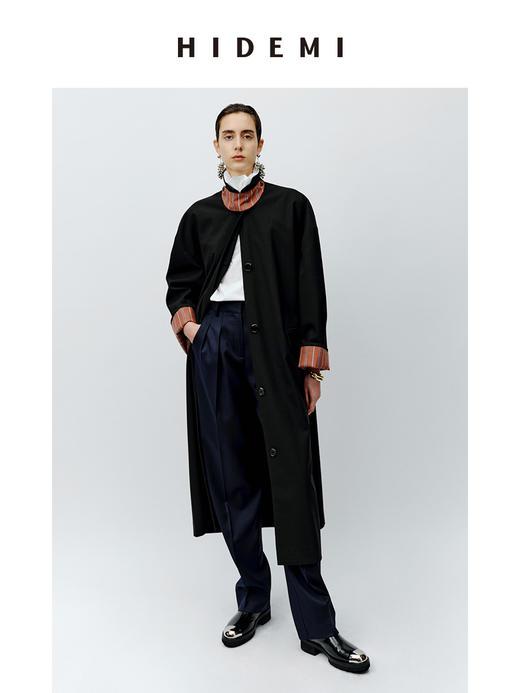 HIDEMI 廓形条纹翻边复古长款精纺羊毛风衣 商品图2