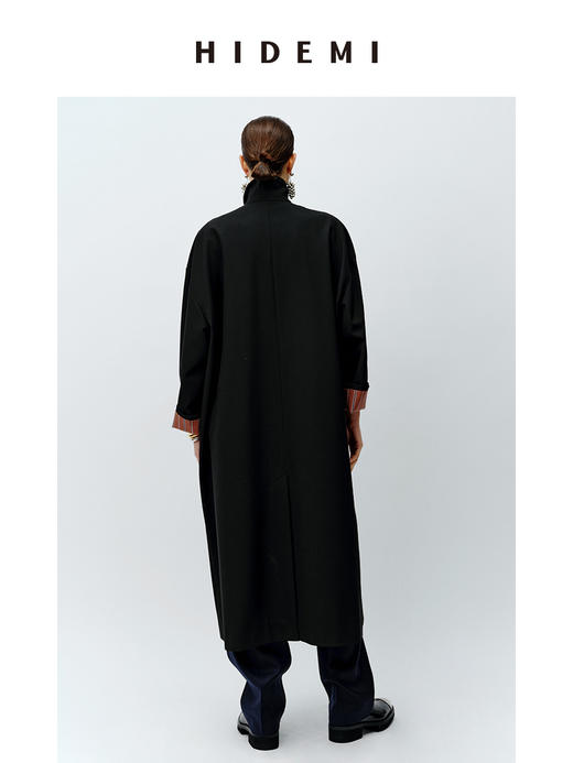 HIDEMI 廓形条纹翻边复古长款精纺羊毛风衣 商品图9