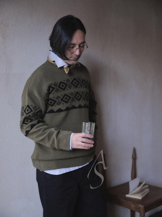 MargaretHowell  男士橄榄绿/黑色费尔岛纹羊羔毛毛衣 商品图3