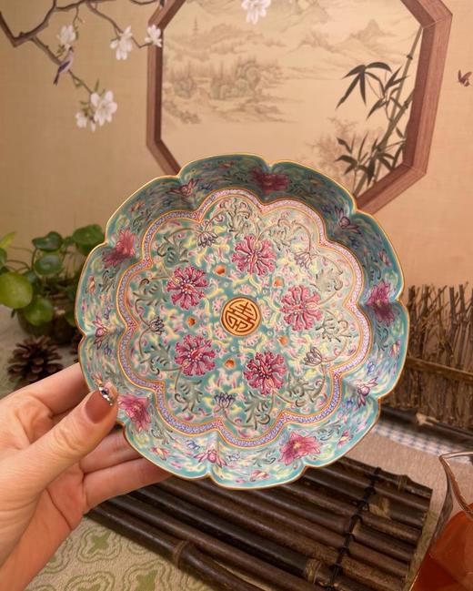 珐琅彩松石绿葵口果盘 商品图0