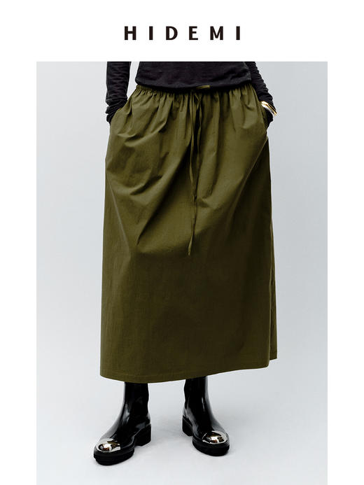 HIDEMI 抽绳系带休闲款水洗棉半身裙 黑色/军绿色 商品图0