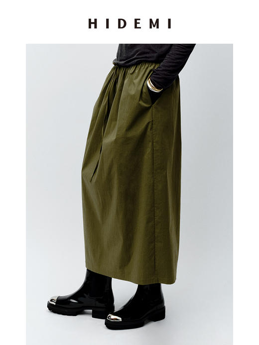 HIDEMI 抽绳系带休闲款水洗棉半身裙 黑色/军绿色 商品图7