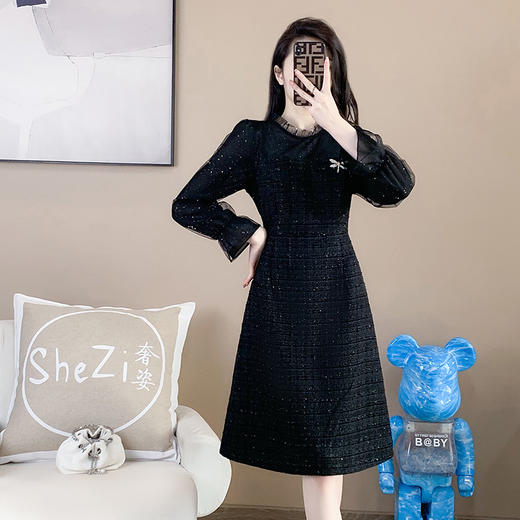 奢姿2024年秋装新款大码女装网纱拼接赫本风连衣裙胖妹妹时尚裙子9931866697 商品图1