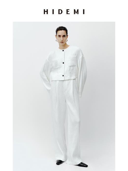 HIDEMI 极简褶皱垂顺感纽扣口袋外套/长裤套装  黑色/白色 商品图2