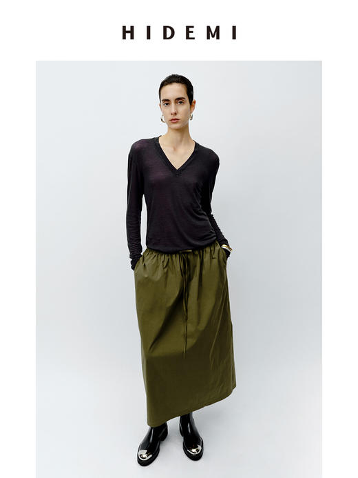 HIDEMI 抽绳系带休闲款水洗棉半身裙 黑色/军绿色 商品图4
