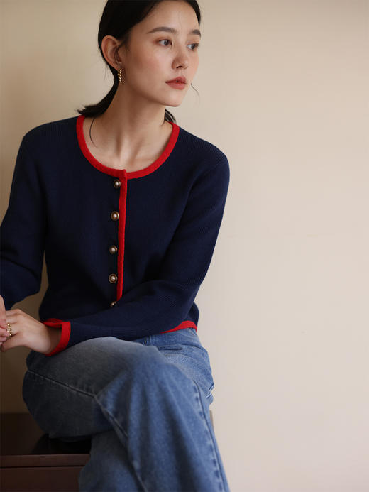 【世界音乐】HeyDress法式复古针织开衫女秋季圆领撞色设计感上衣短款长袖外套 商品图1