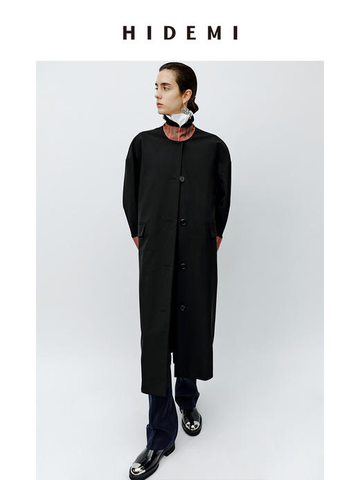 HIDEMI 廓形条纹翻边复古长款精纺羊毛风衣 商品图4