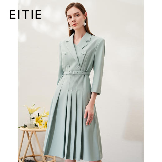 EITIE爱特爱春季新品西装V领优雅束腰显瘦百褶连衣裙6907624 商品图0