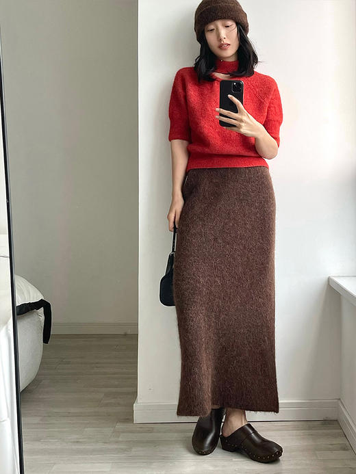322工房天然触感羊驼毛针织半身裙2022冬款A字摆显瘦裙子女A992 商品图0