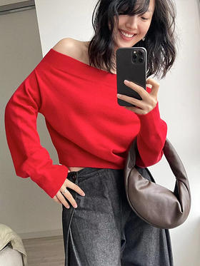 322工房轻柔质感羊毛羊绒一字肩针织衫2022冬新款露肩毛衣女A963