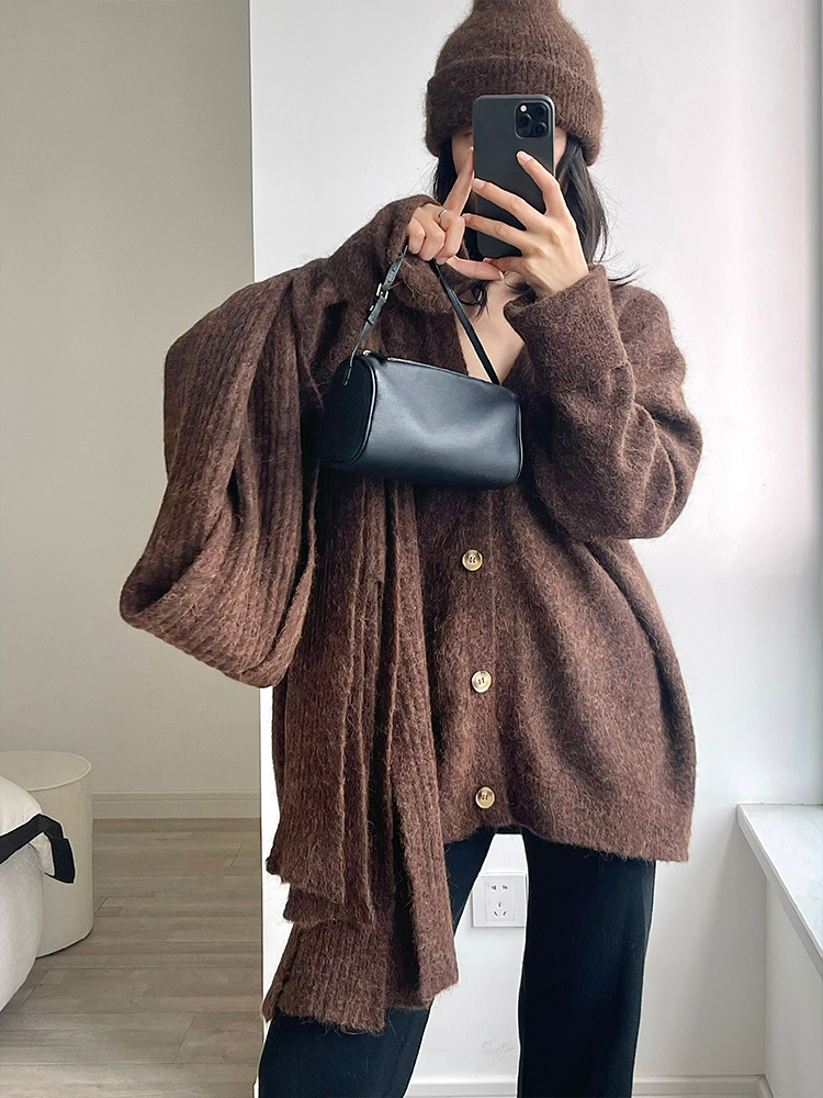 322工房天然触感羊驼毛简约针织开衫2022冬款加厚保暖外套女A989