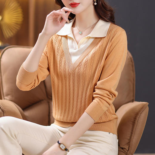 翻领假两件针织衫上衣女，长袖春装初春妈妈毛衣打底小衫洋气CC-101-89212 商品图1