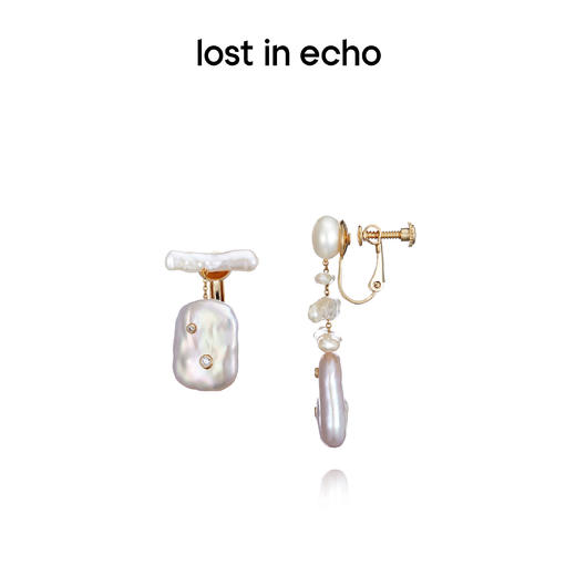 lost in echo不对称鱼骨方扣巴洛克异形珍珠耳环 商品图1