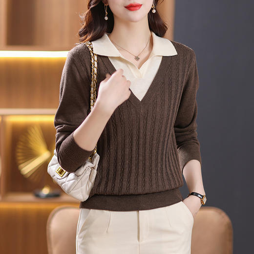 翻领假两件针织衫上衣女，长袖春装初春妈妈毛衣打底小衫洋气CC-101-89212 商品图2