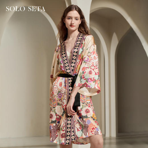 Solo seta真丝睡衣套装桑蚕丝睡袍女丝绸家居服定位印花可外穿秋冬 商品图0