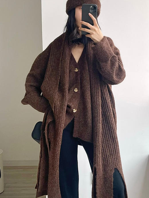 322工房天然触感羊驼毛简约针织开衫2022冬款加厚保暖外套女A989 商品图2
