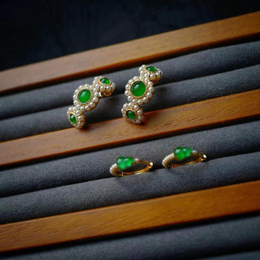 龢盒原创 18k金镶翡翠蛋面/葫芦搭配珍珠耳圈 耳环 商品图1