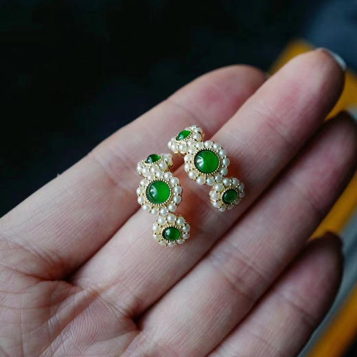 龢盒原创 18k金镶翡翠蛋面/葫芦搭配珍珠耳圈 耳环 商品图2