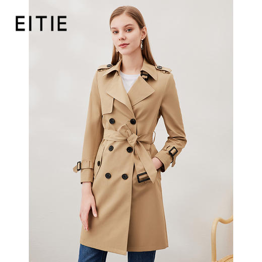 EITIE爱特爱经典双排扣气质翻领中长风衣外套卡其色春季新款A2304101 商品图0