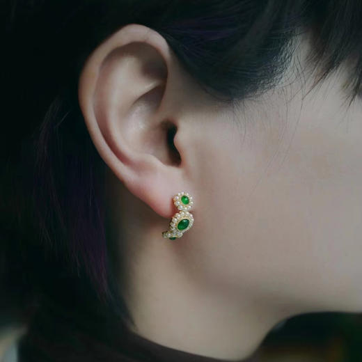 龢盒原创 18k金镶翡翠蛋面/葫芦搭配珍珠耳圈 耳环 商品图5