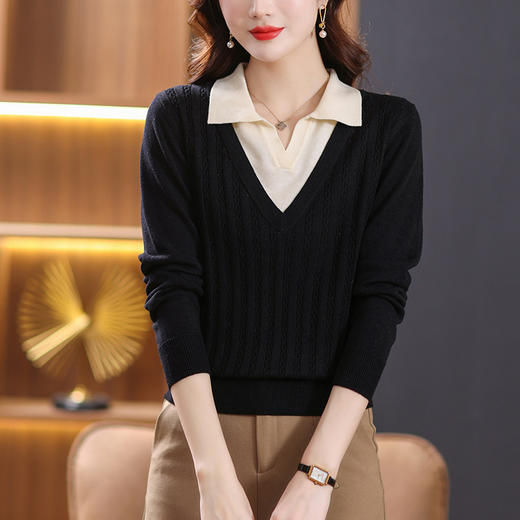 翻领假两件针织衫上衣女，长袖春装初春妈妈毛衣打底小衫洋气CC-101-89212 商品图4