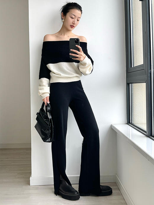 322工房柔焦氛围拉毛丝羊绒一字肩套头衫2022冬时髦露肩针织A997 商品图1