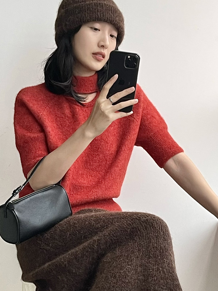 322工房开口笑羊驼毛短袖套头衫2022冬款时髦百搭造型针织衫A993