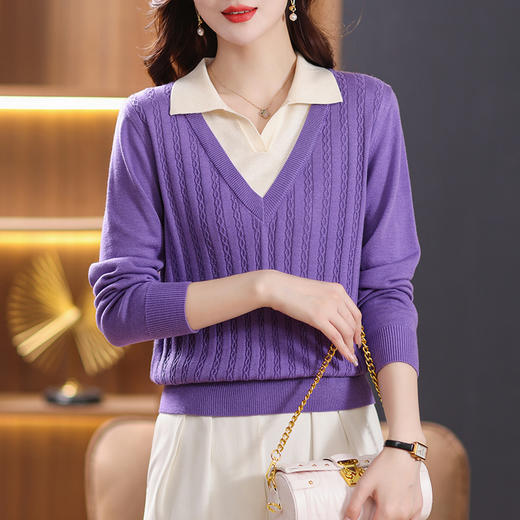 翻领假两件针织衫上衣女，长袖春装初春妈妈毛衣打底小衫洋气CC-101-89212 商品图3