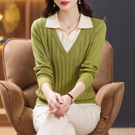 翻领假两件针织衫上衣女，长袖春装初春妈妈毛衣打底小衫洋气CC-101-89212 商品图0