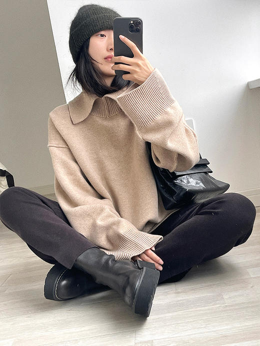 322工房厚糯质感加厚羊毛羊绒高领开叉针织衫2022冬宽松毛衣A980 商品图0