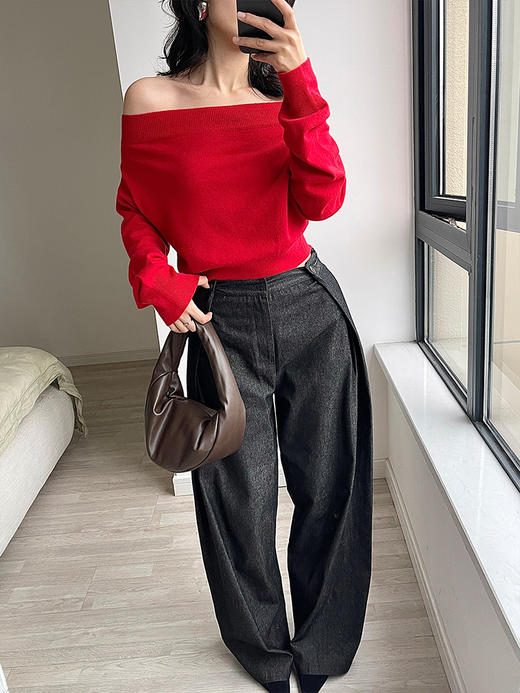 322工房轻柔质感羊毛羊绒一字肩针织衫2022冬新款露肩毛衣女A963 商品图2