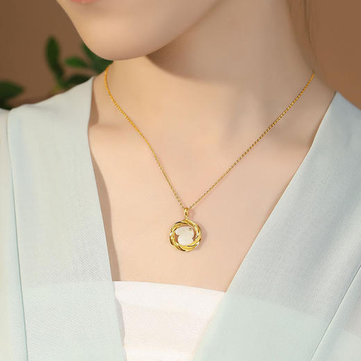 品歌本命年纯银镶天然和田玉环绕玉兔兔子吊坠中国风项链 商品图2