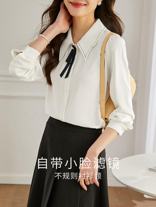 【五折购】熙世界2025春秋新款学院风蝴蝶结衬衫女长袖法式别致白色衬衣上衣 商品图2