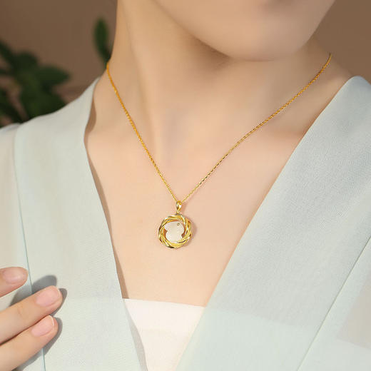 品歌本命年纯银镶天然和田玉环绕玉兔兔子吊坠中国风项链 商品图1