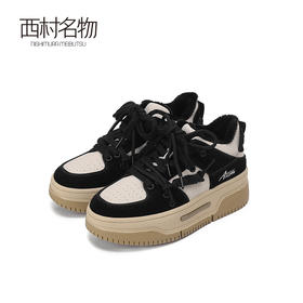 西村名物2023春季新款复古厚底板鞋面包鞋加绒小白休闲鞋女12251