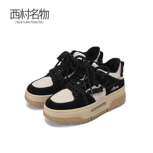 西村名物2023春季新款复古厚底板鞋面包鞋加绒小白休闲鞋女12251 商品图0