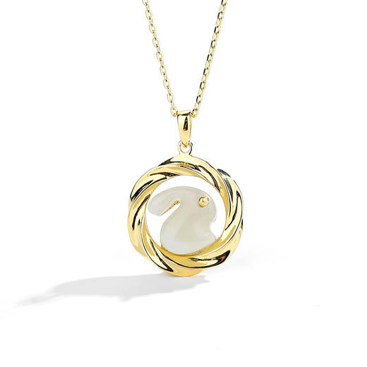 品歌本命年纯银镶天然和田玉环绕玉兔兔子吊坠中国风项链 商品图4